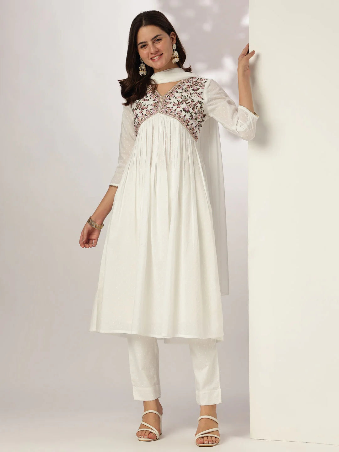 Women's White Dobby Pure Cotton Embroidered A-line Kurta