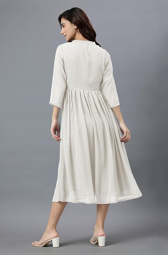 Women'S Dobby Chiffon Woven Design Flared Dress