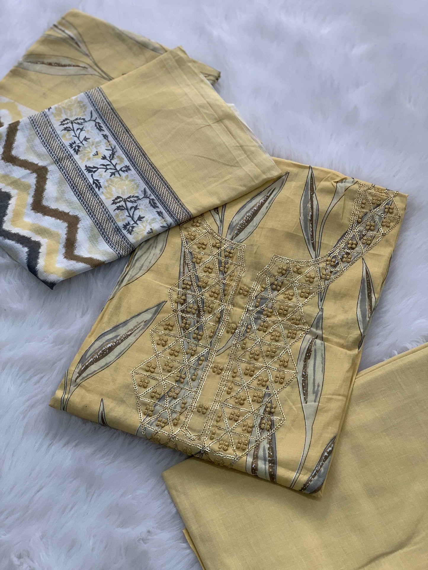 Yellow Thread Embroidery Work Digital Print Cotton suit Set