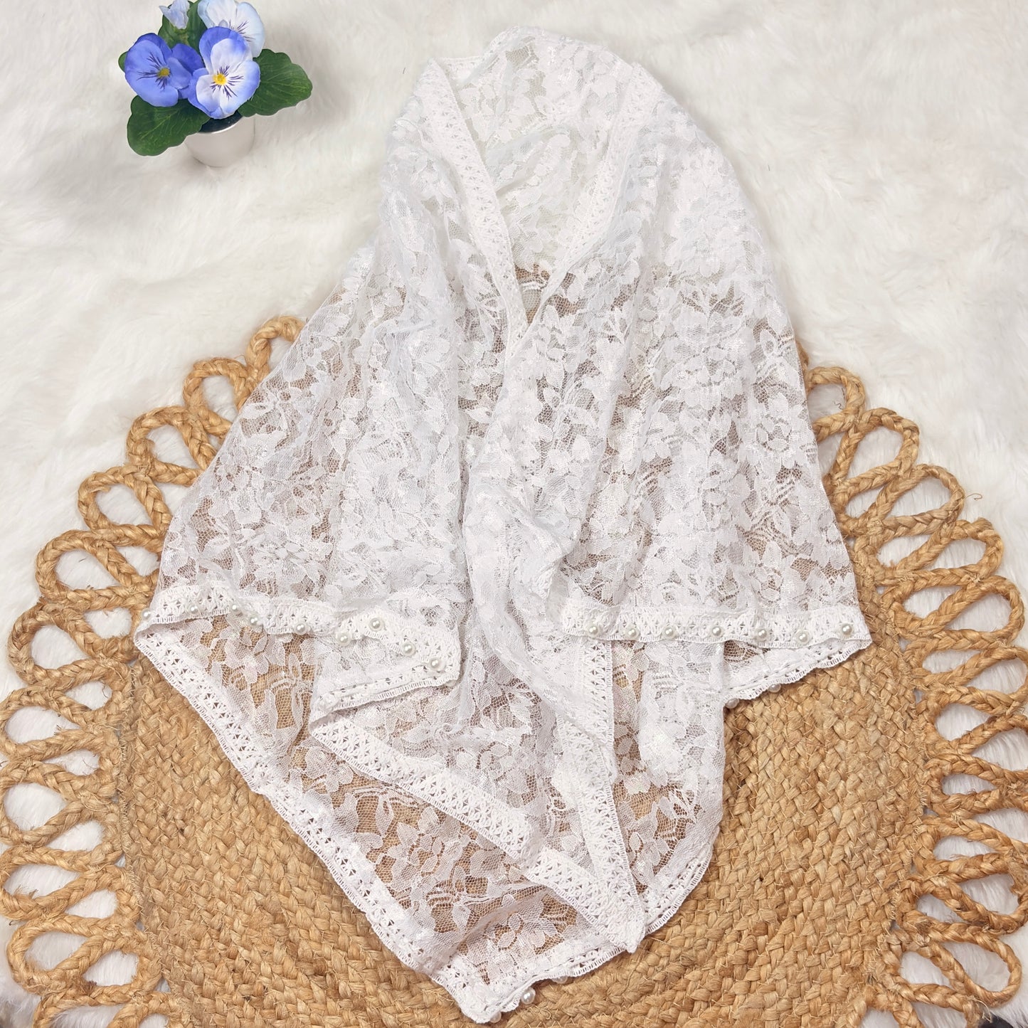 Elegant White Floral Lace Scarf for Women – Lightweight & Stylish