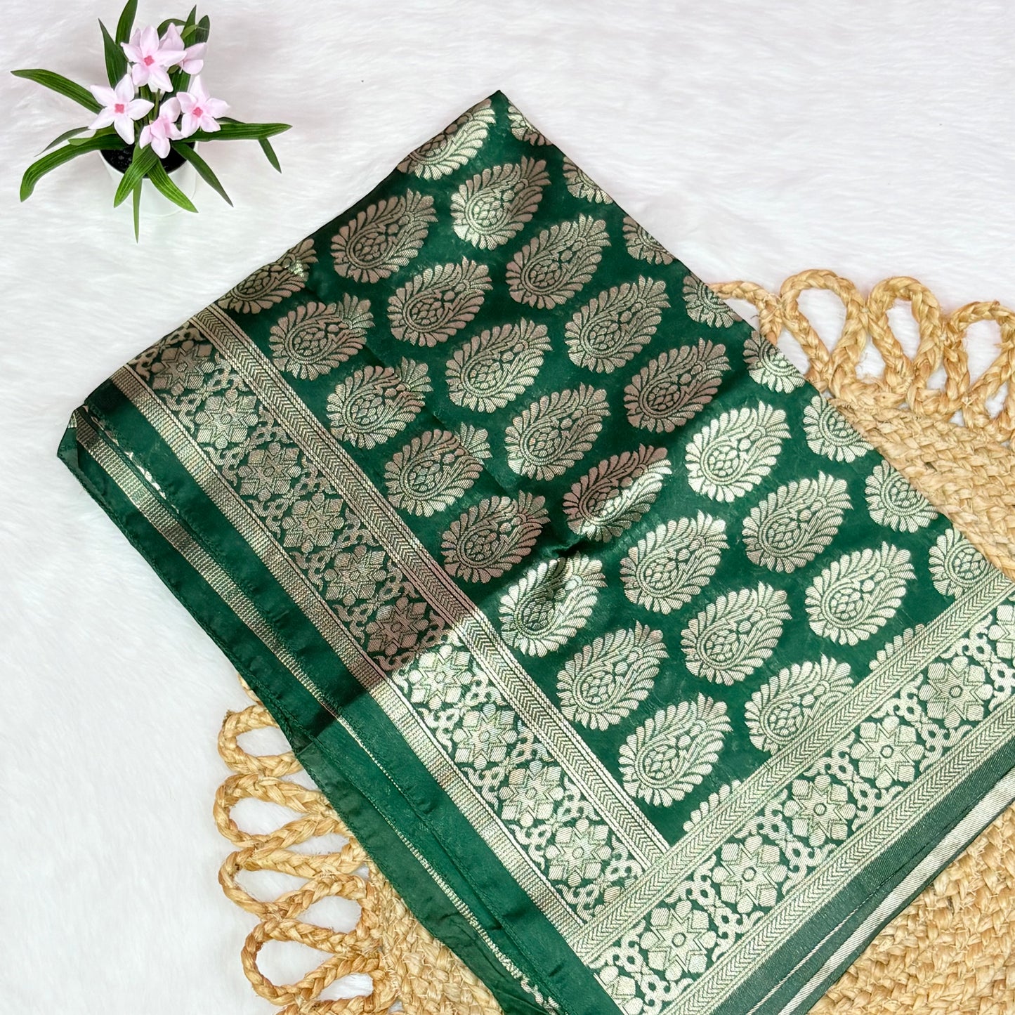 Women's Elegant Tissue Golden Anarkali Kurti with Contrast Green Dupatta