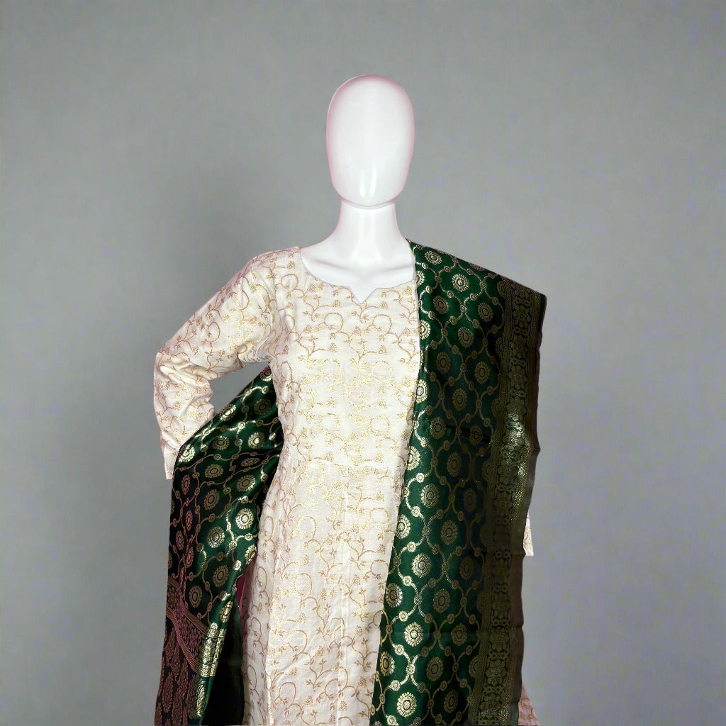 Women's Elegant Tissue Golden Anarkali Kurti with Contrast Green Dupatta