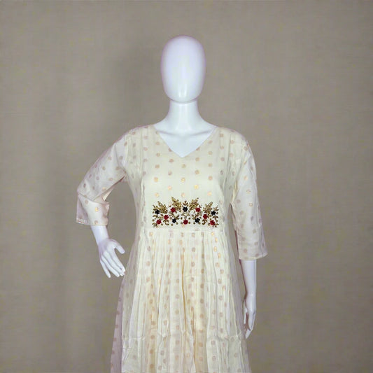 Women's Anarkali Kurti Off White Ethnic Dress with Floral Embroidery