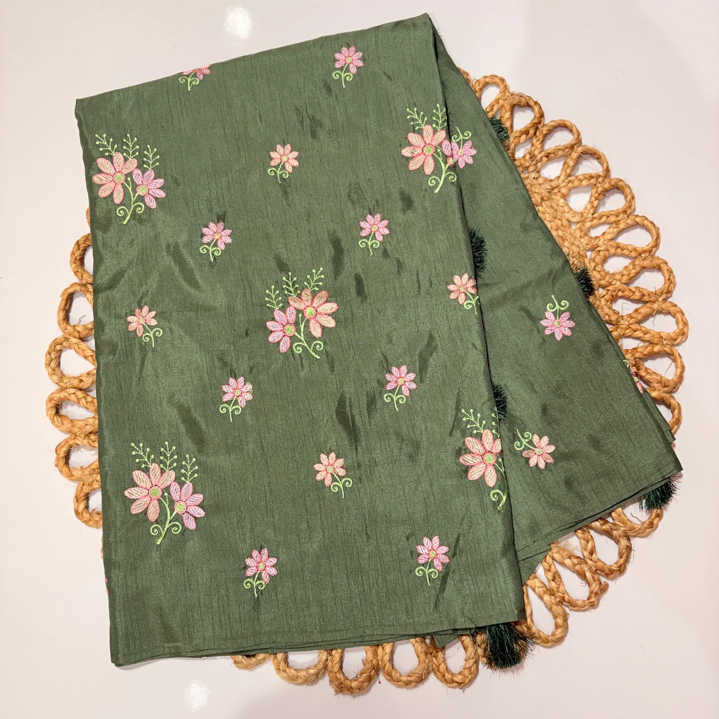 Sage Green Embroidered Saree with Pink Floral Motifs – Festive & Office Wear