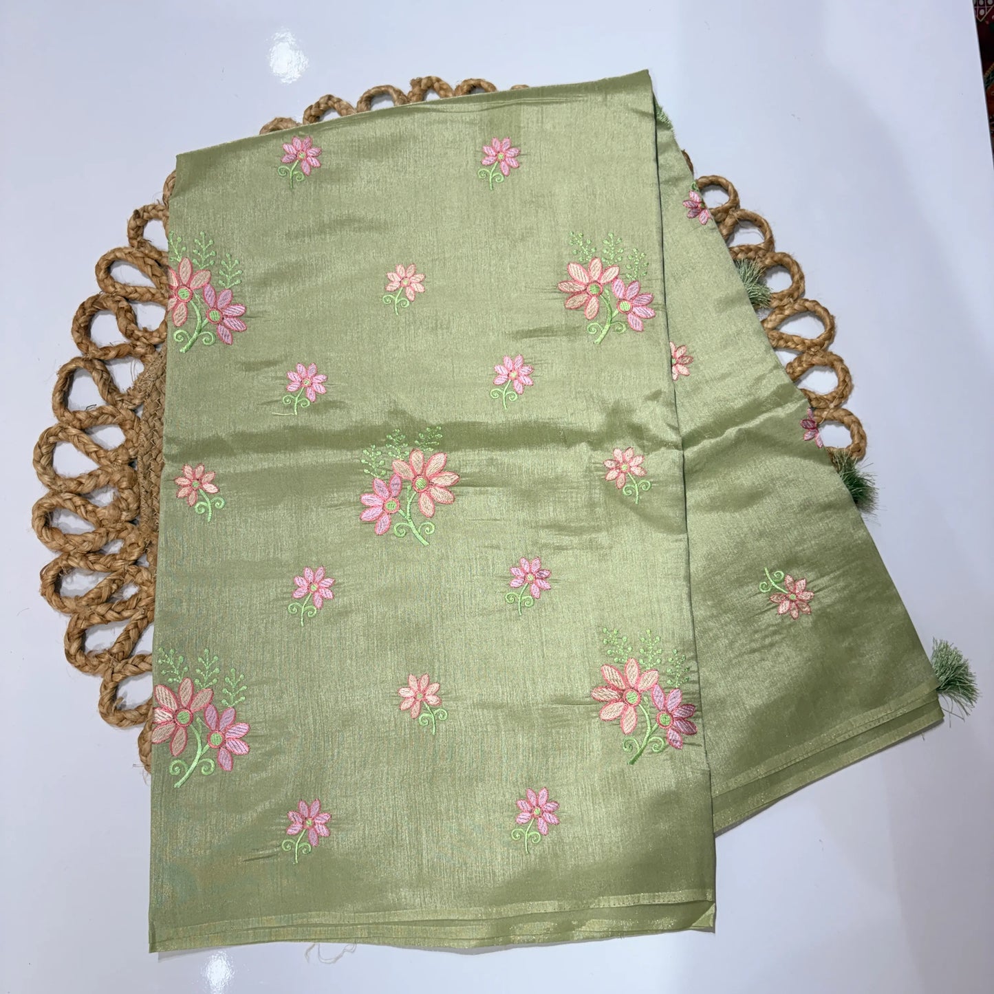Pistachio Green Embroidered Saree with Pink Floral Motifs – Festive & Office Wear