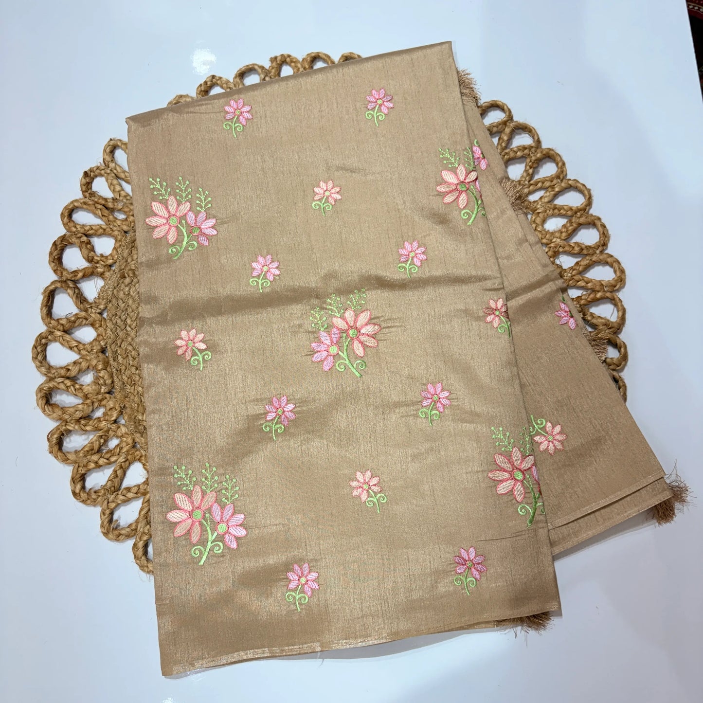 Champagne Beige Embroidered Saree with Pink Floral Motifs – Festive & Office Wear