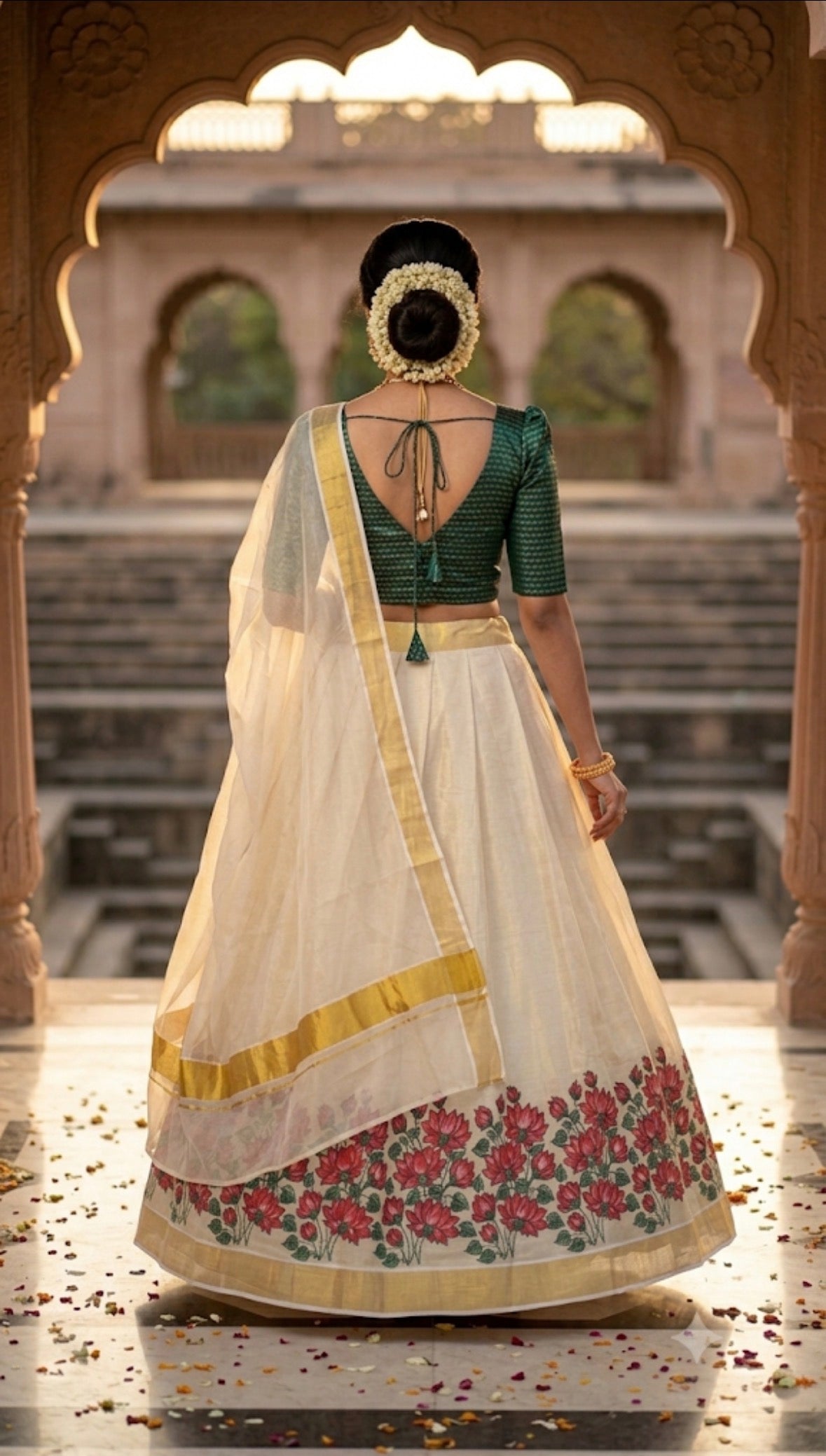 Kerala Kasavu Floral Lehenga – Off White & Green Brocade | Onam Festival Ethnic Wear