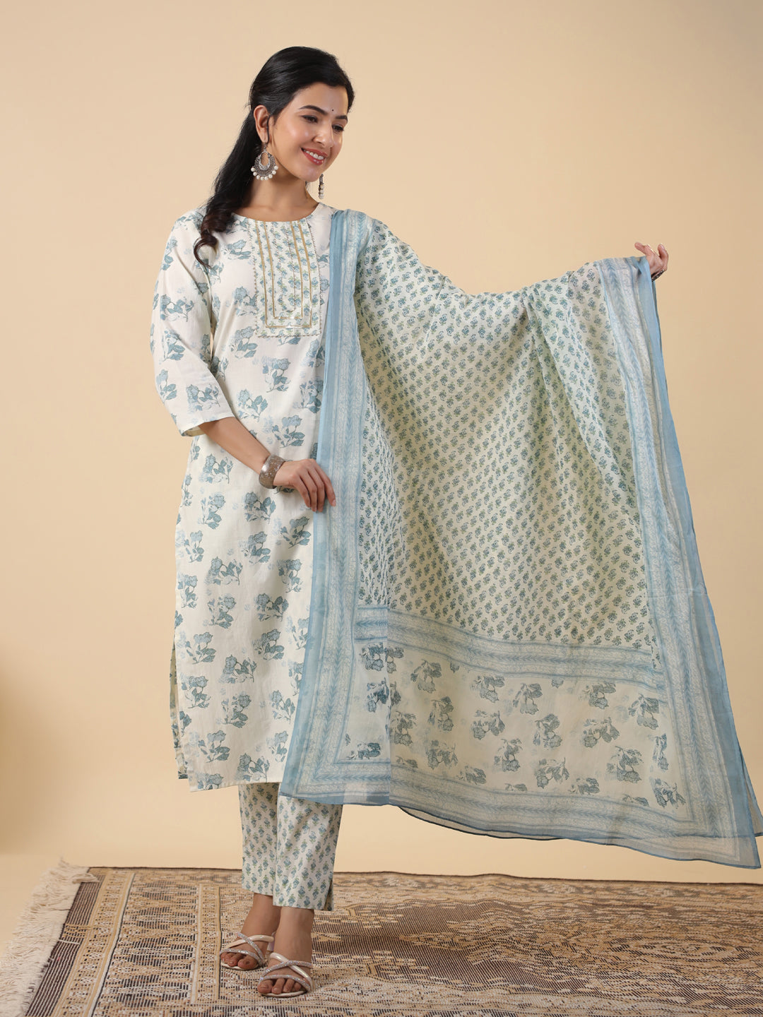 Women's Cream Cotton Floral Printed Straight Kurta Set