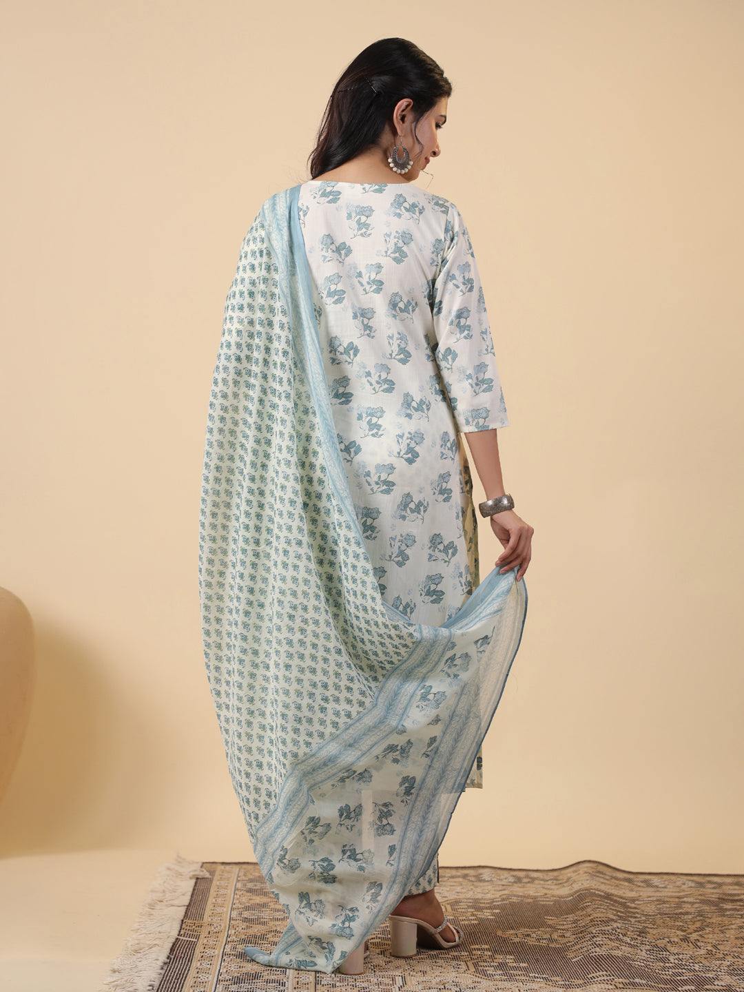 Women's Cream Cotton Floral Printed Straight Kurta Set