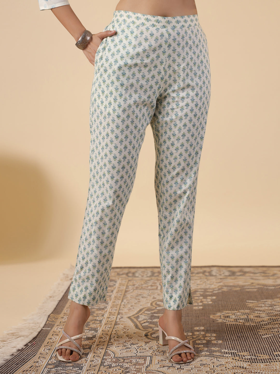 Women's Cream Cotton Floral Printed Straight Kurta Set