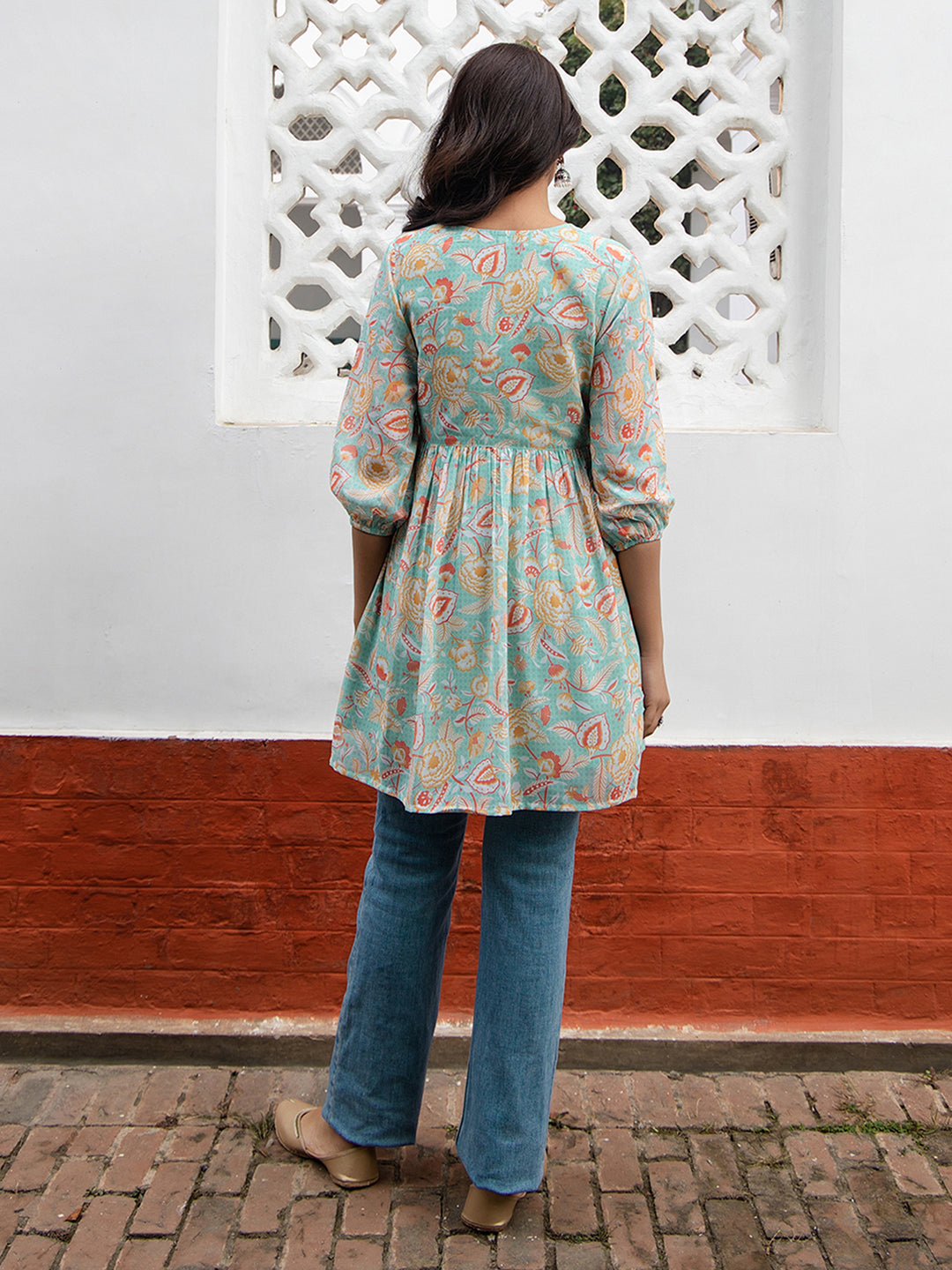 Women's Sea Blue Georgette Floral Gathered Tunic