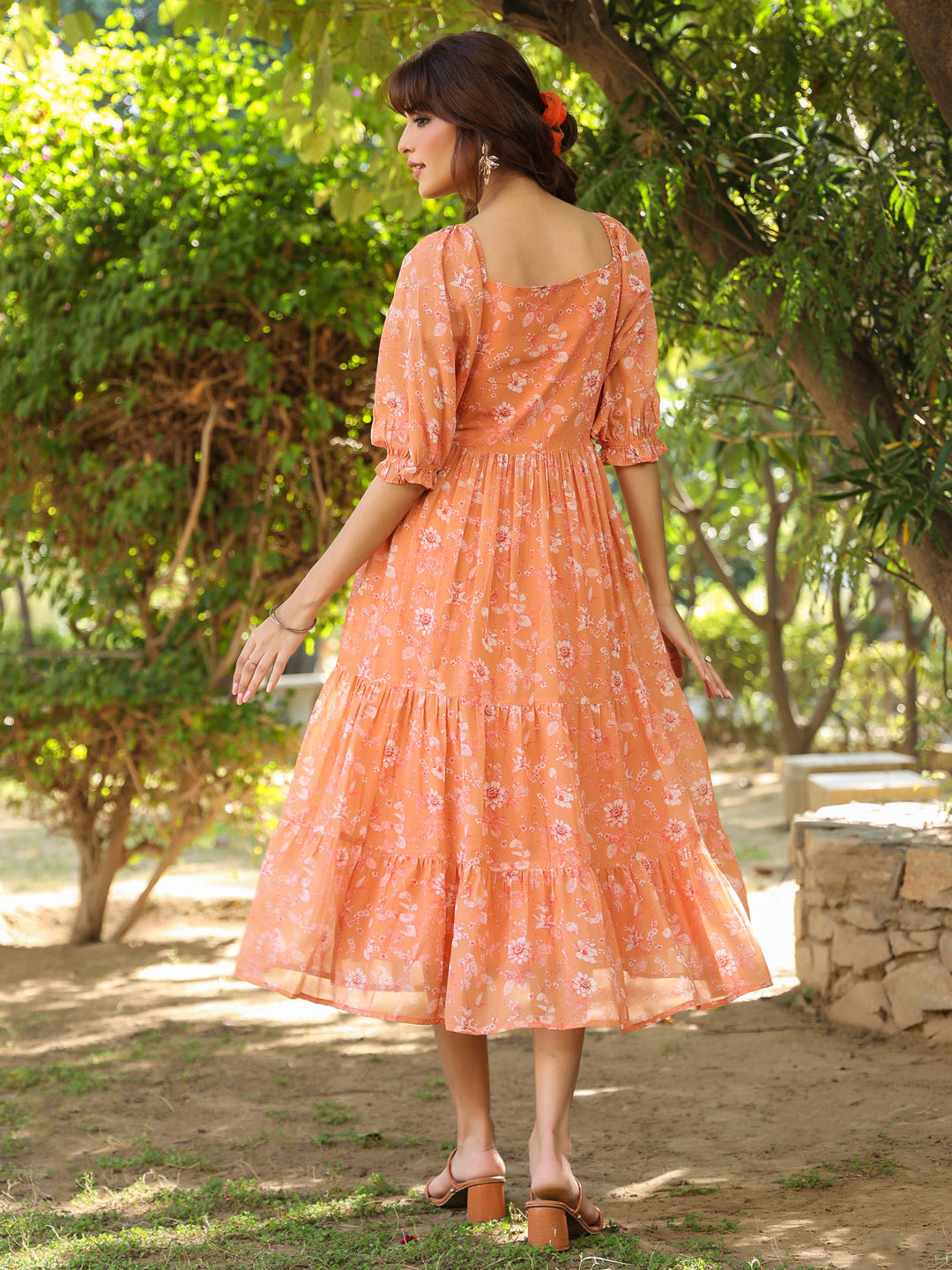 Women's Orange Georgette Floral Printed Tiered Dress
