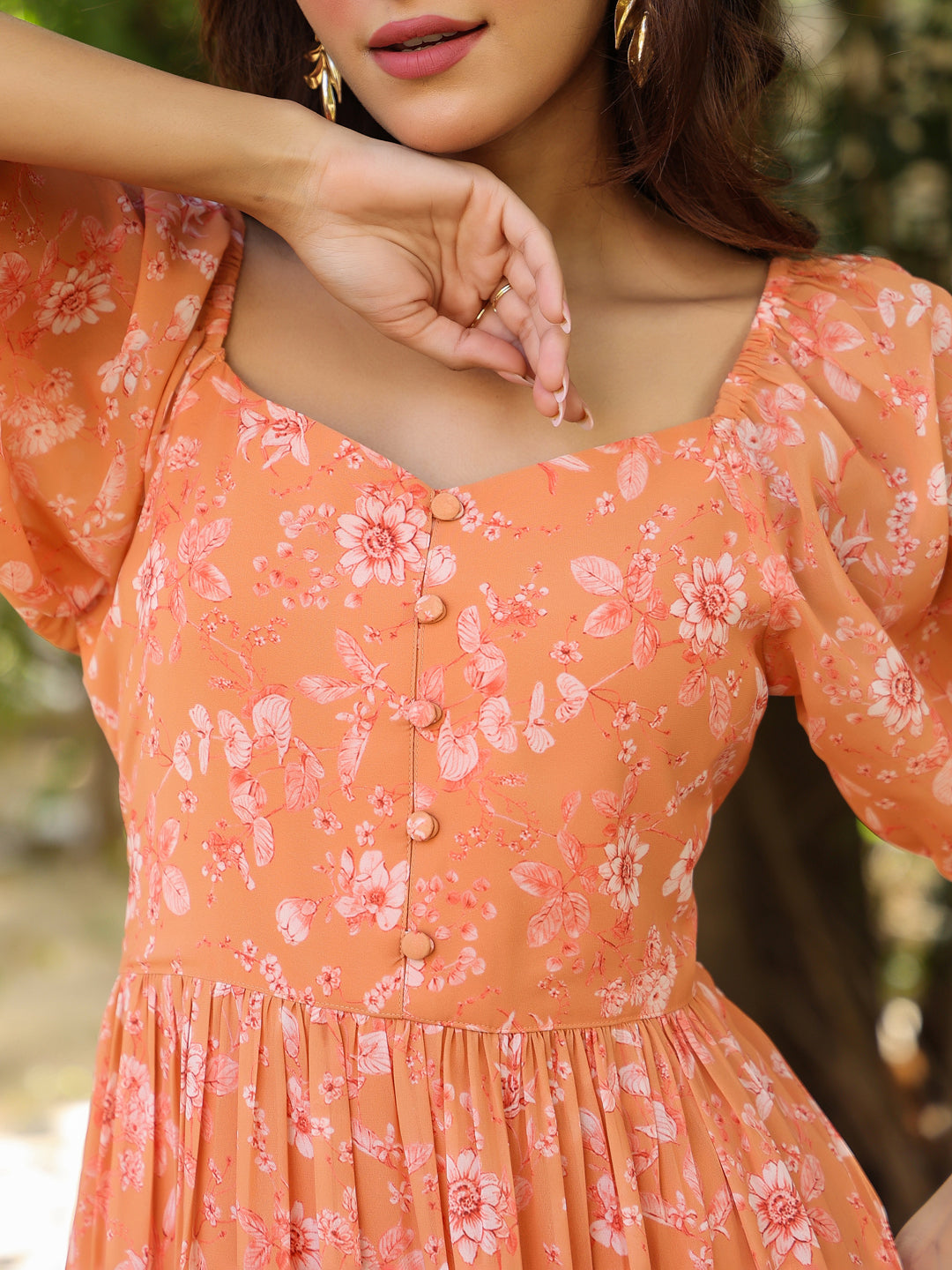 Women's Orange Georgette Floral Printed Tiered Dress