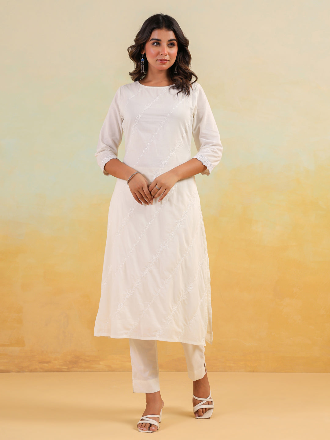 Women's Off White Pure Cotton Embroidered Straight Kurta Pant Set