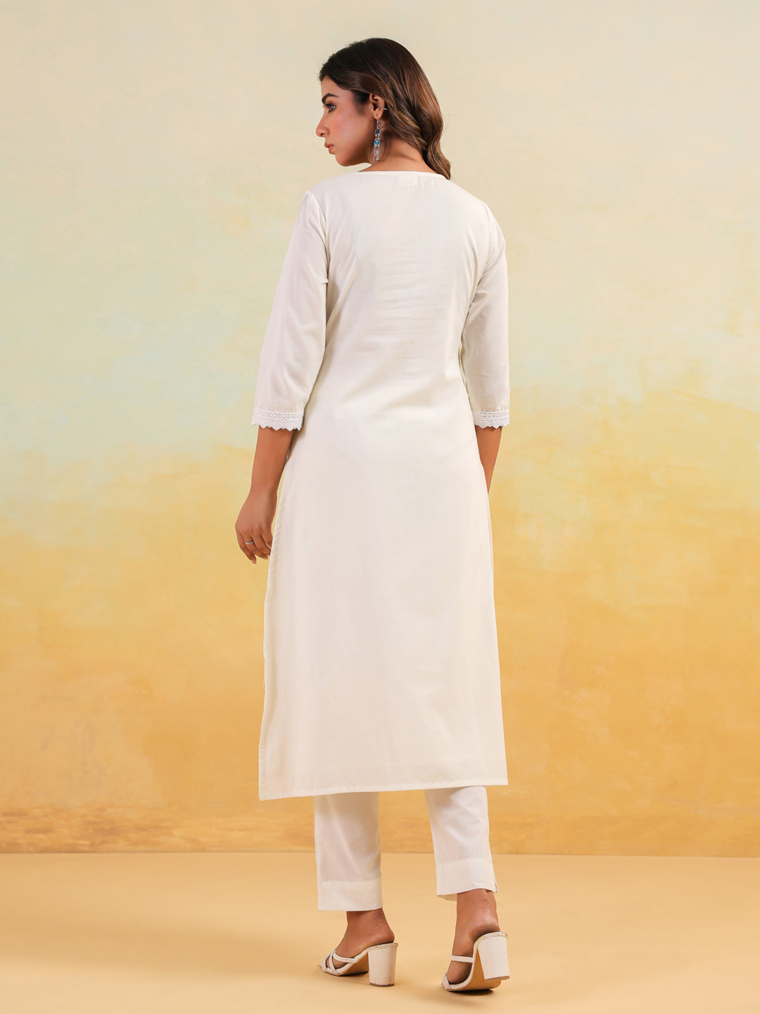 Women's Off White Pure Cotton Embroidered Straight Kurta Pant Set