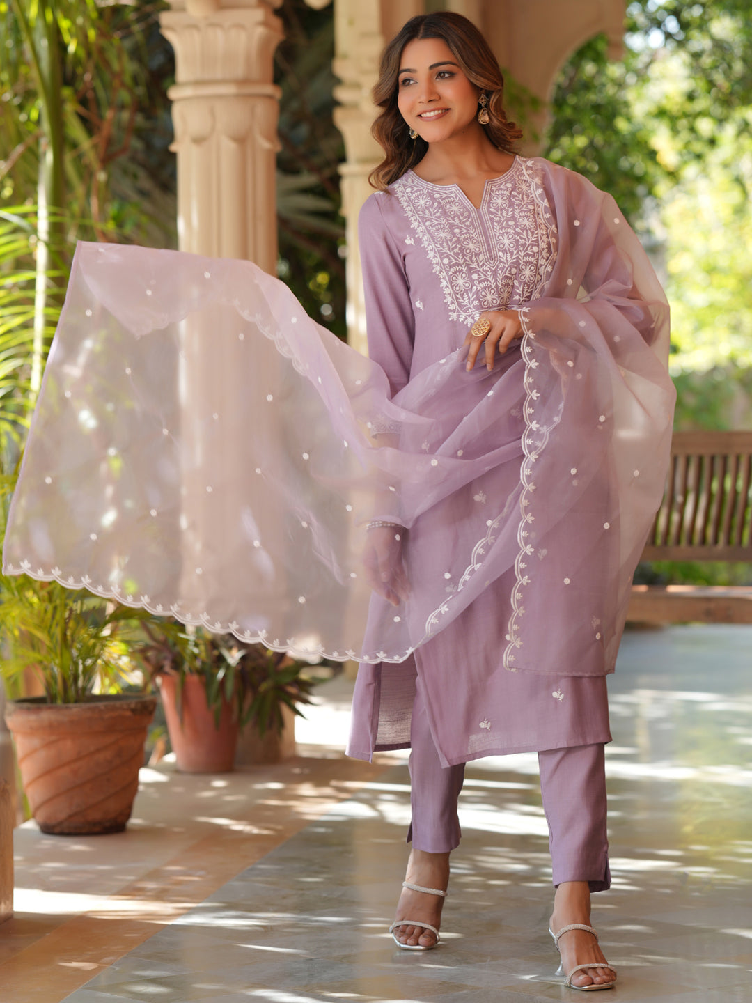 Women's Lavender Silk Blend Embroidered Straight Kurta Set