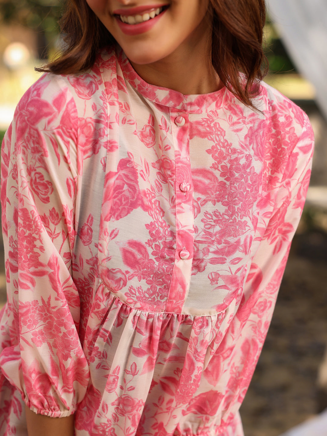 Women's Cream & Pink Silk Blend Floral Printed A-line Tunic