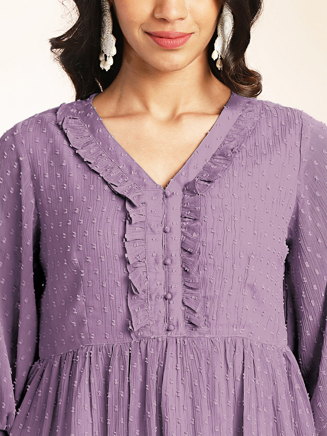 Women's Lavender Dobby Chiffon Self Design Peplum Co-Ord Set
