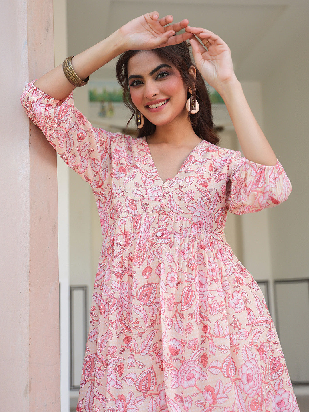 Women's Peach Georgette Floral Printed Gathered Tunic Variant