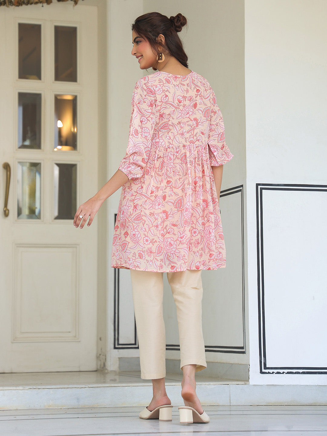 Women's Peach Georgette Floral Printed Gathered Tunic Variant