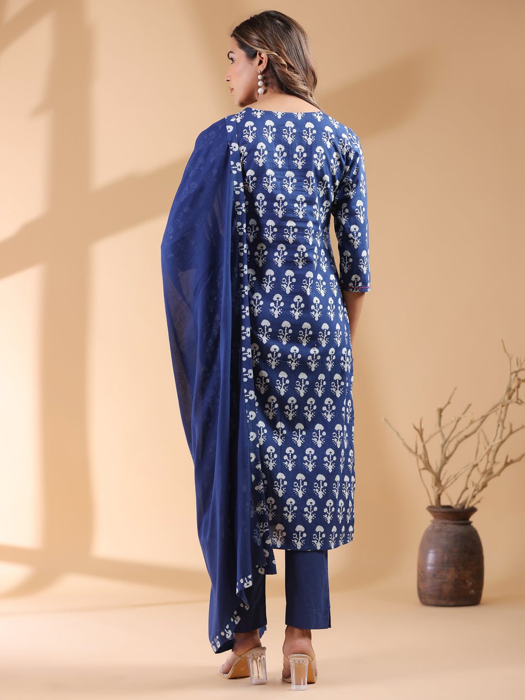 Women's Navy Blue Pure Cotton Ethnic Motifs Printed Straight Kurta Set