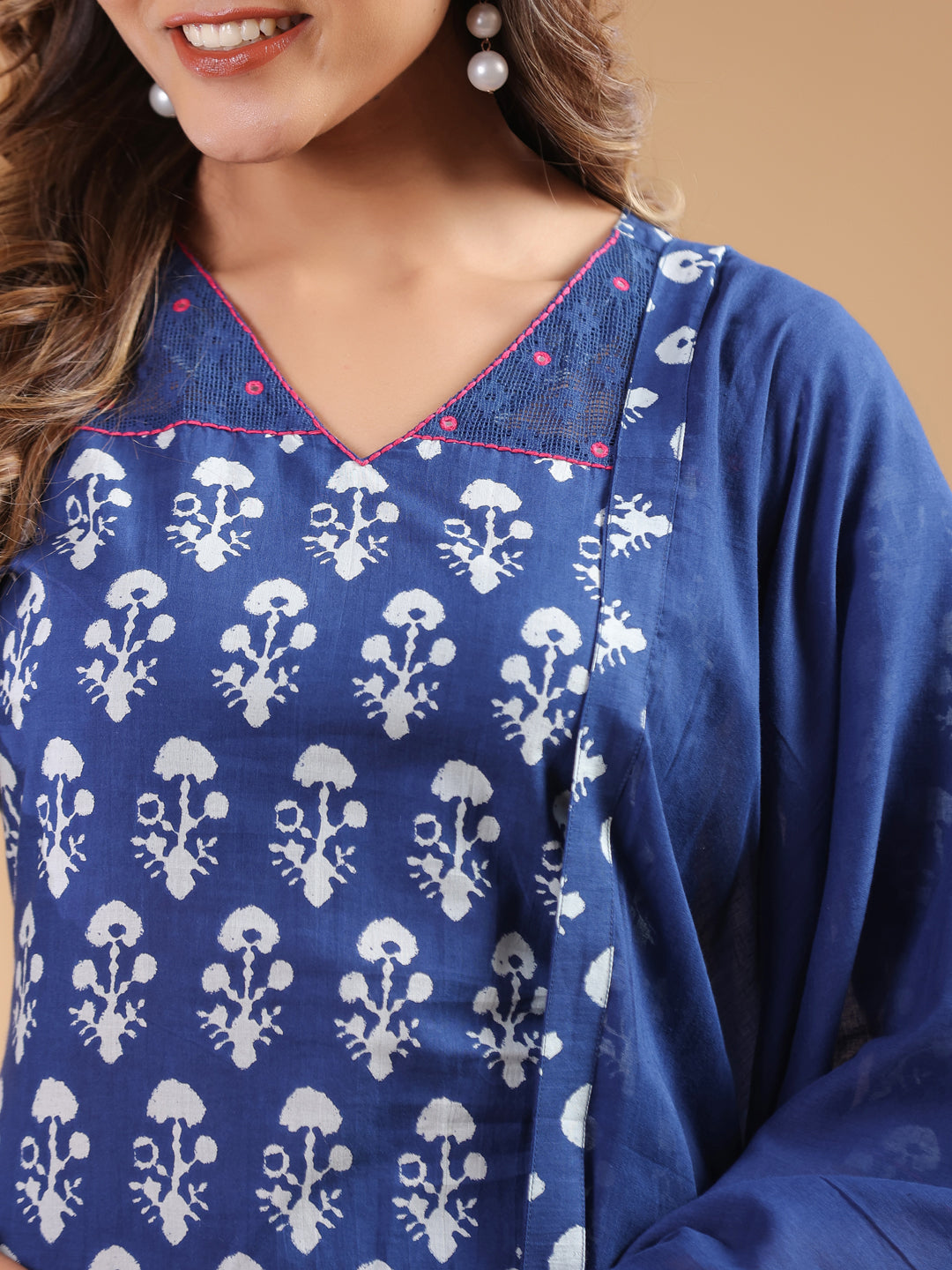 Women's Navy Blue Pure Cotton Ethnic Motifs Printed Straight Kurta Set