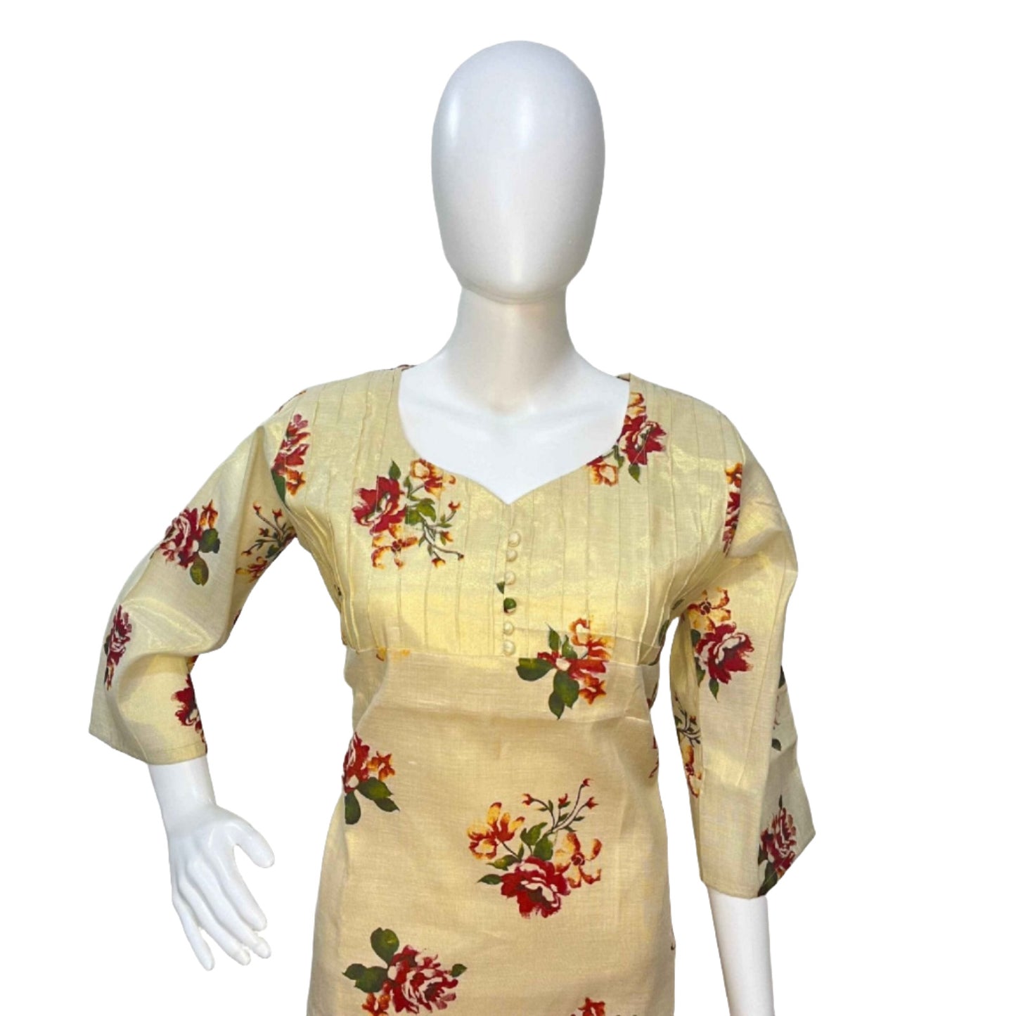 Kerala Kasavu Tissue Floral Print Kurti