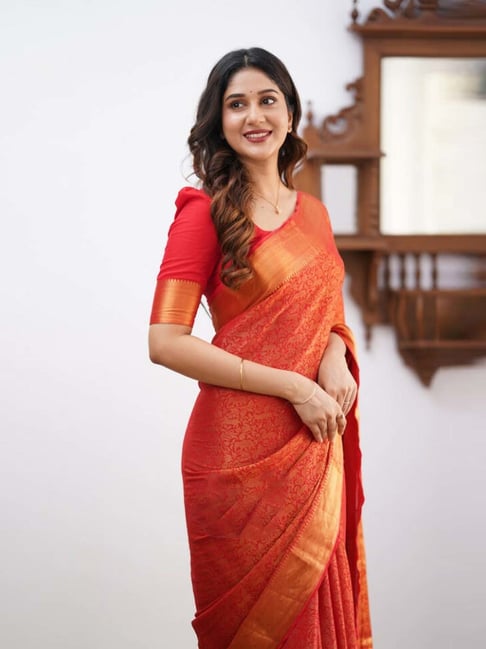 Women's Red Silk Woven Saree with Zari Border & Unstitched Blouse