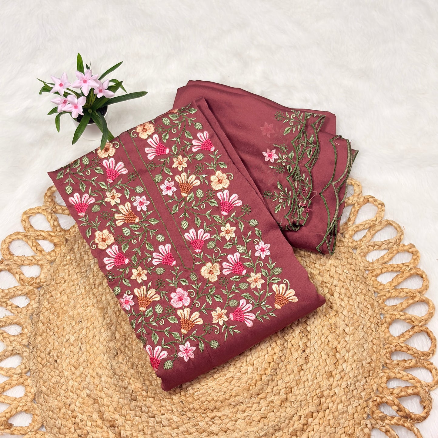 Maroon Embroidered Neck Work Suit Set – Elegant Ethnic Wear for Women