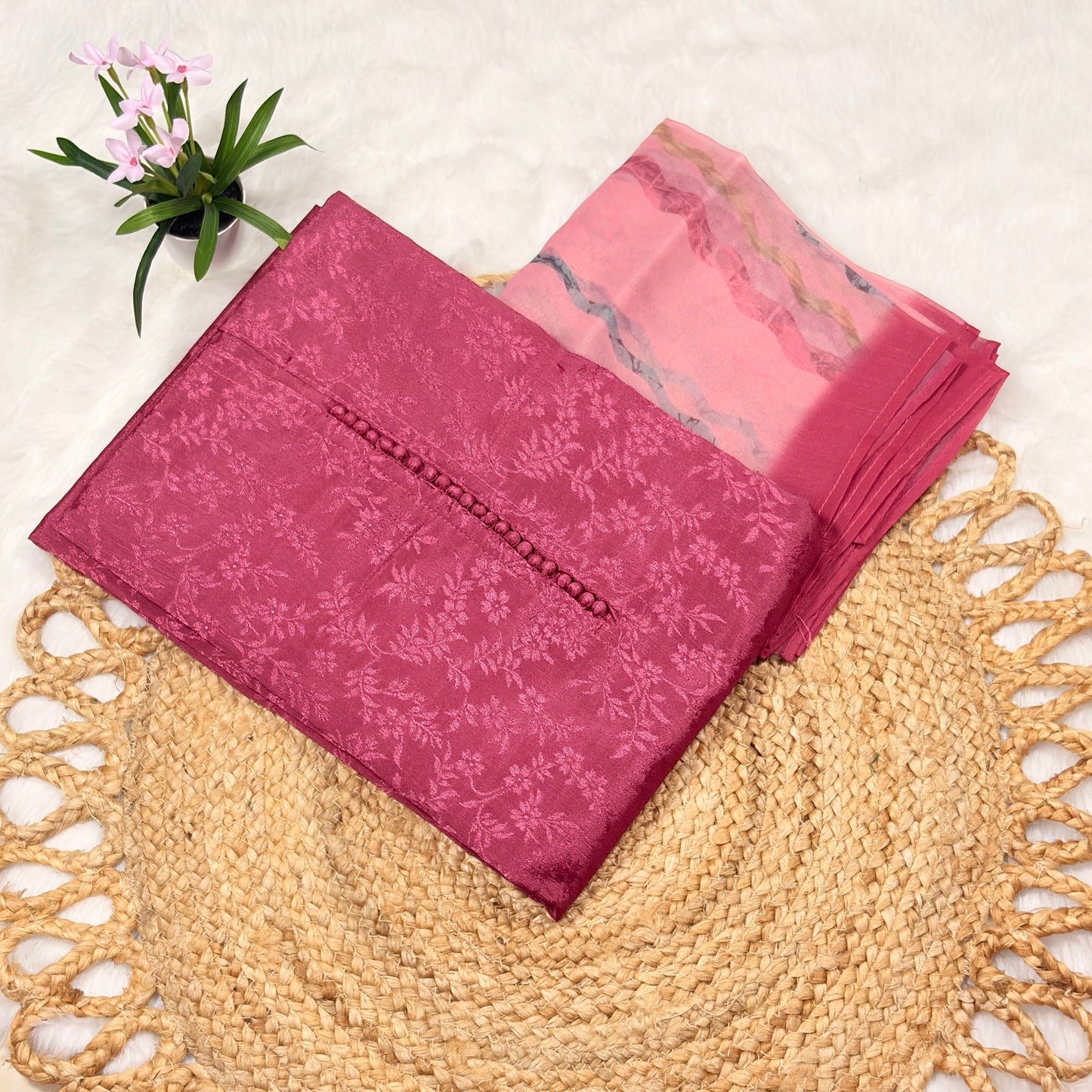 Pink Self-Embossed Suit Set with Organza Dupatta – Festive & Party Wear for Women