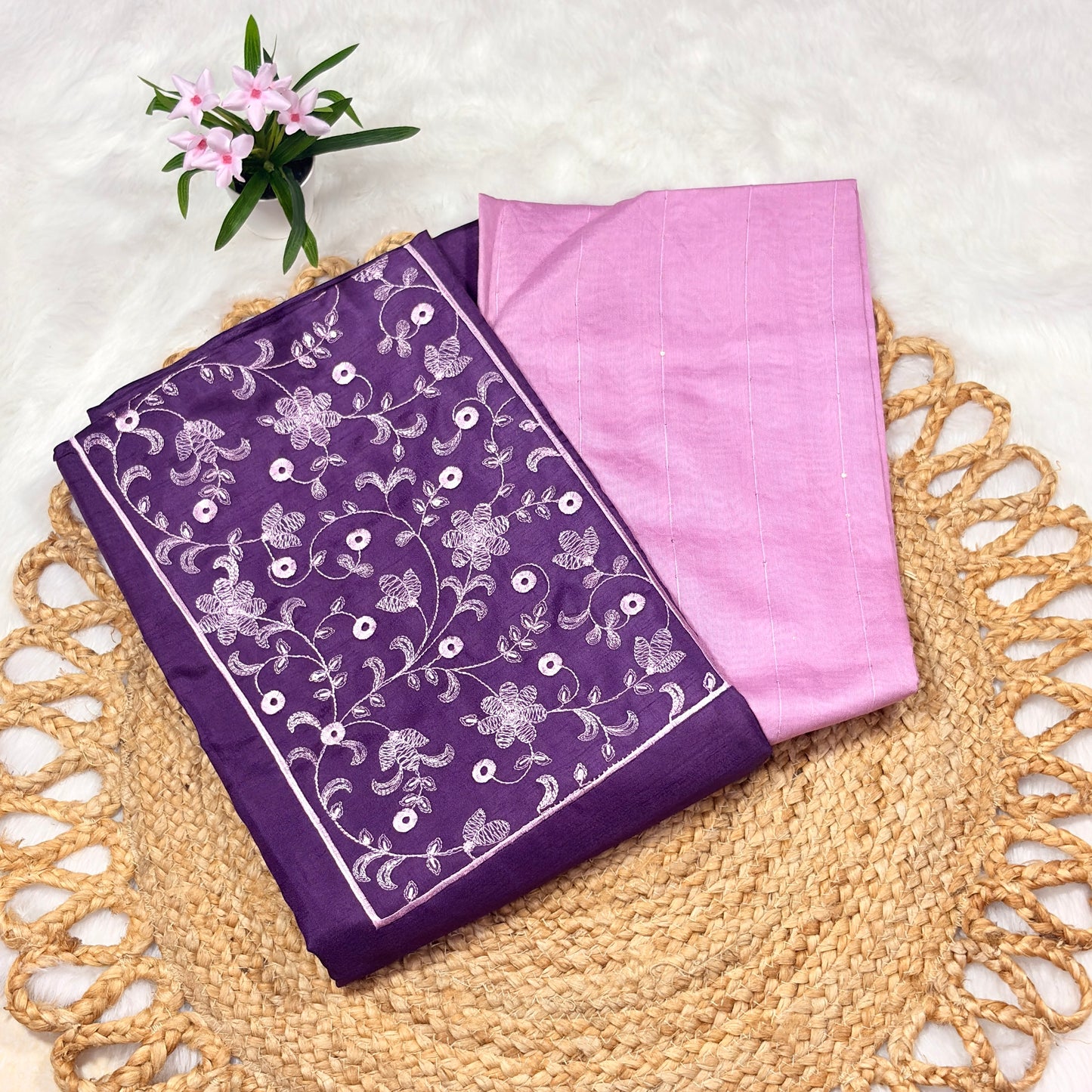 Purple & Pink Semi Silk Suit Set with Embroidered Floral Detailing – Elegant Ethnic Wear for Women