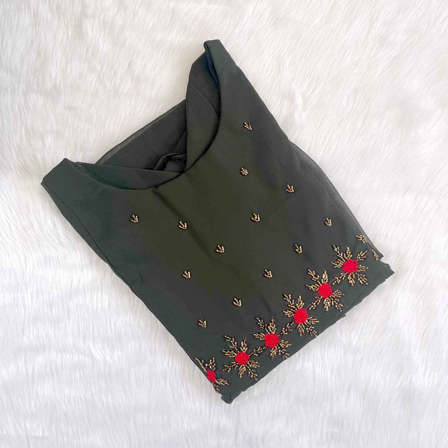 Women's Dark Green Georgette Handwork Kurti with lining