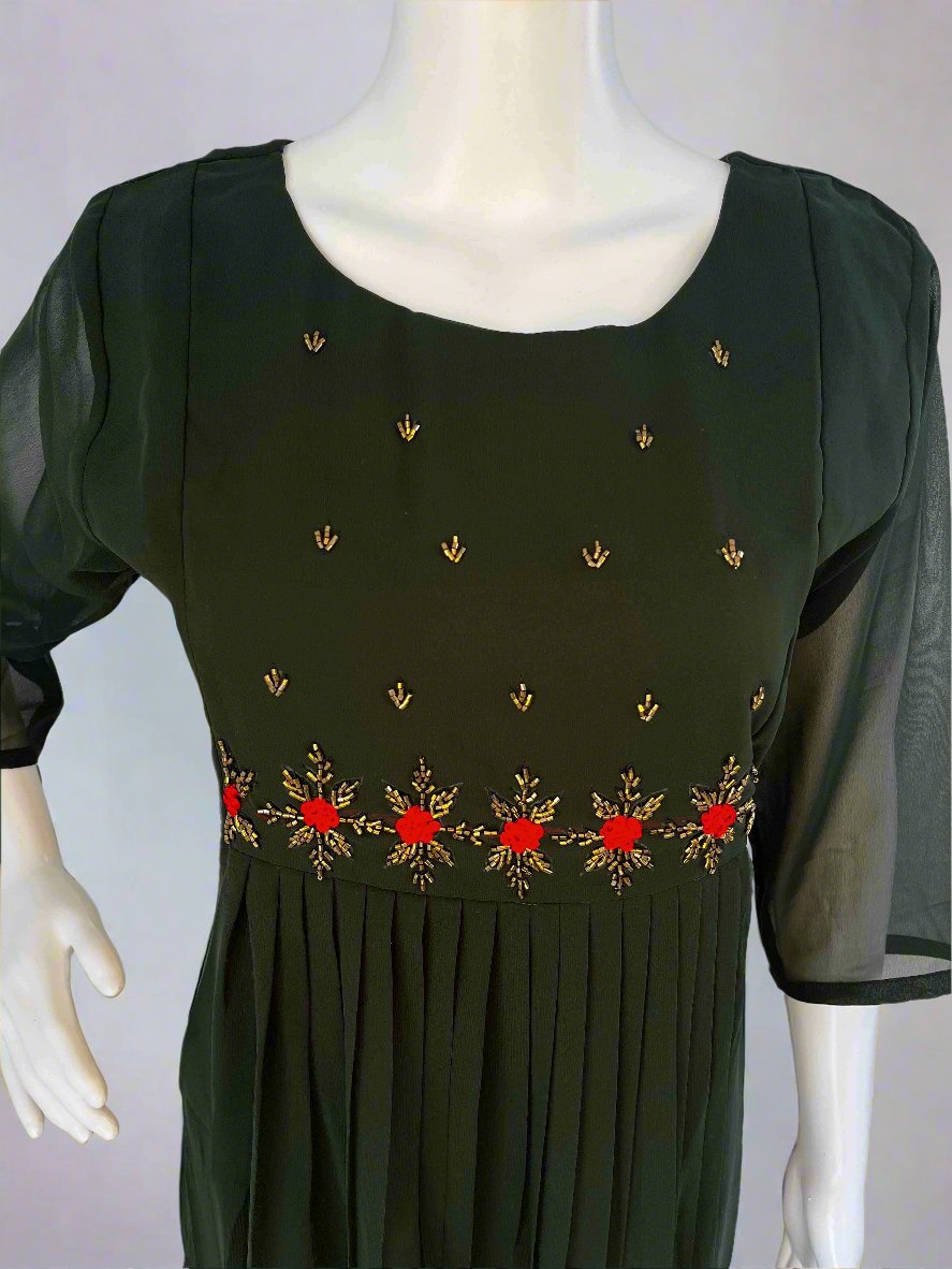 Women's Dark Green Georgette Handwork Kurti with lining
