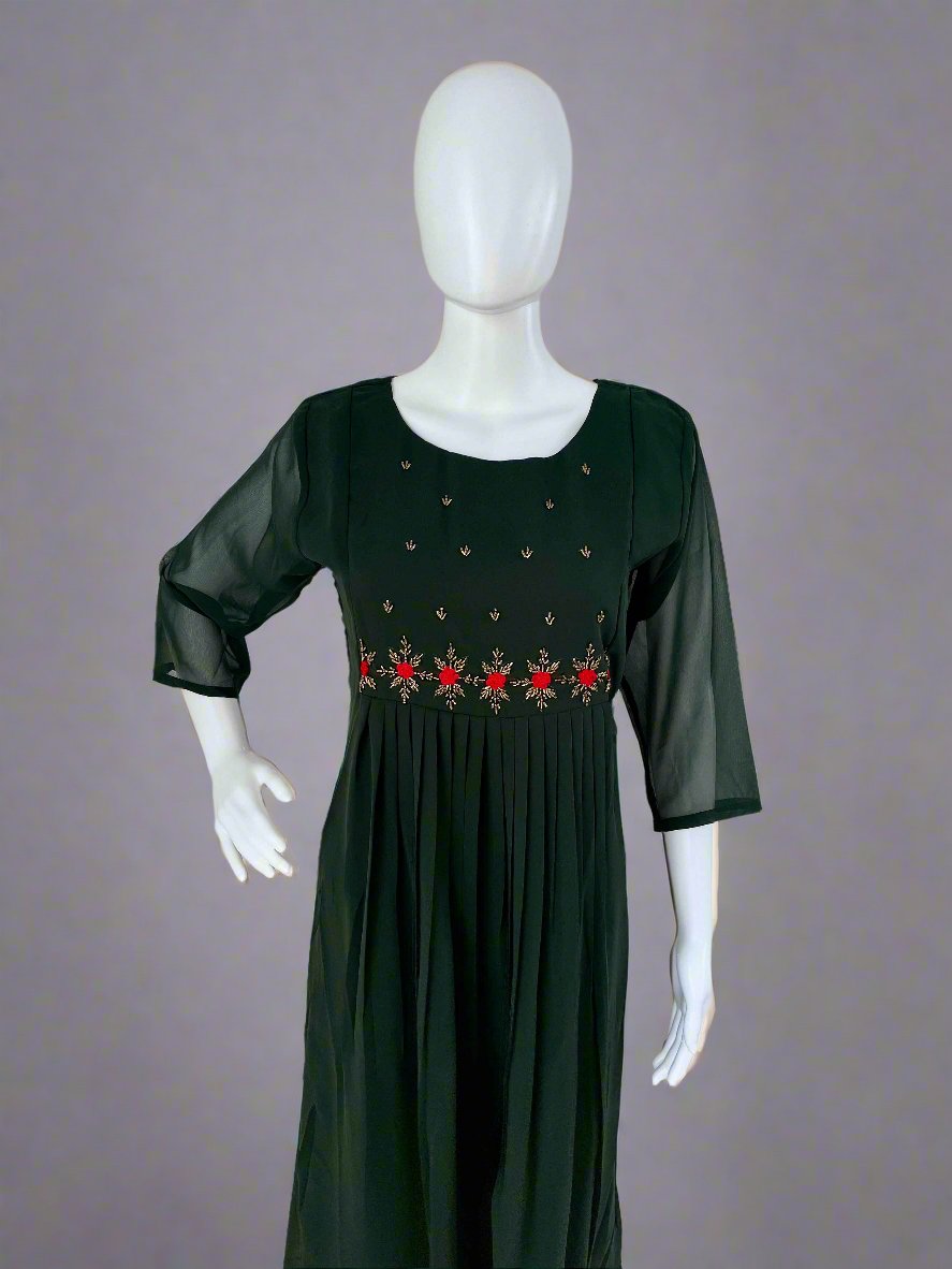 Women's Dark Green Georgette Handwork Kurti with lining