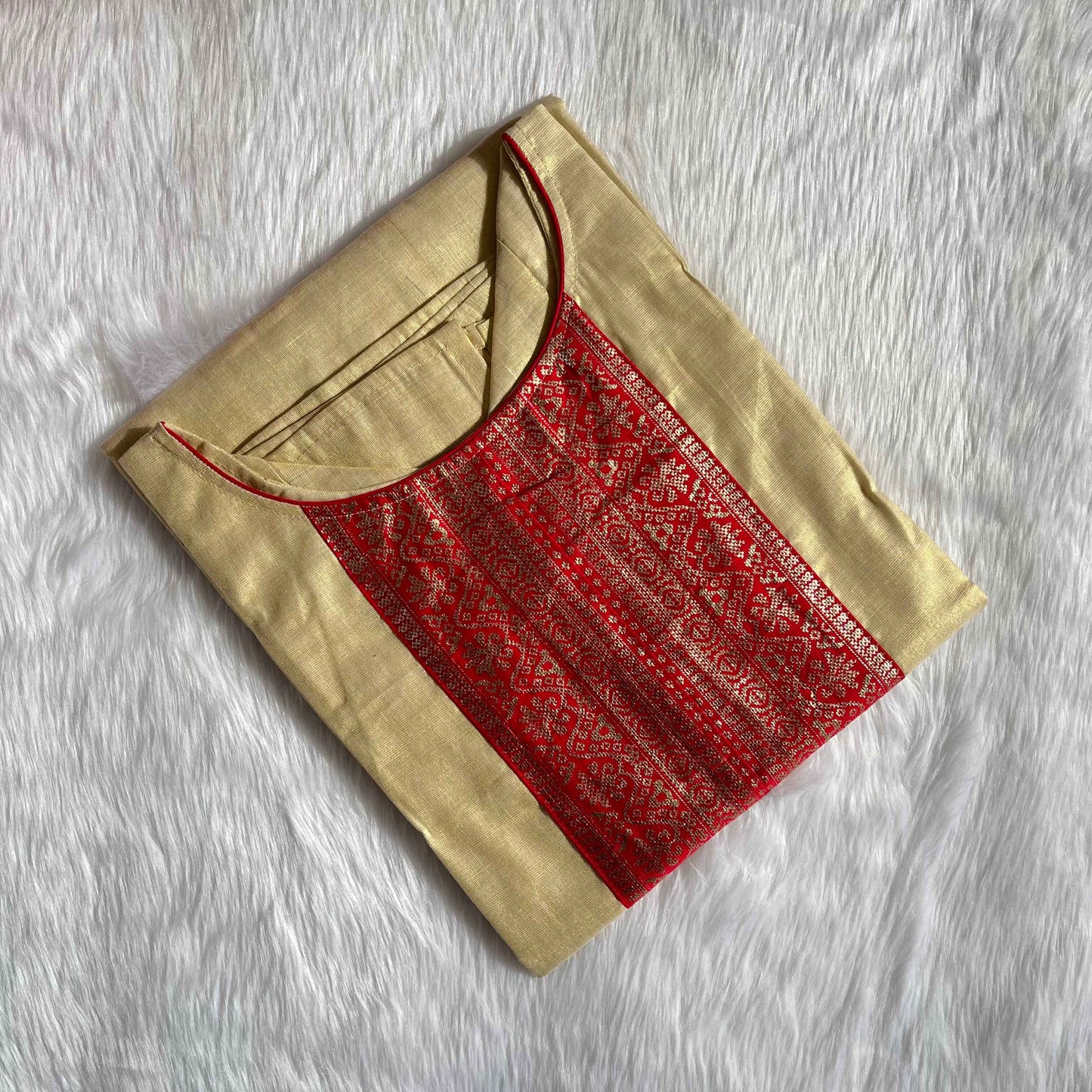 Women's Stylish Kerala Traditional Tissue Kurti with Golden Foil Printed Semi Silk