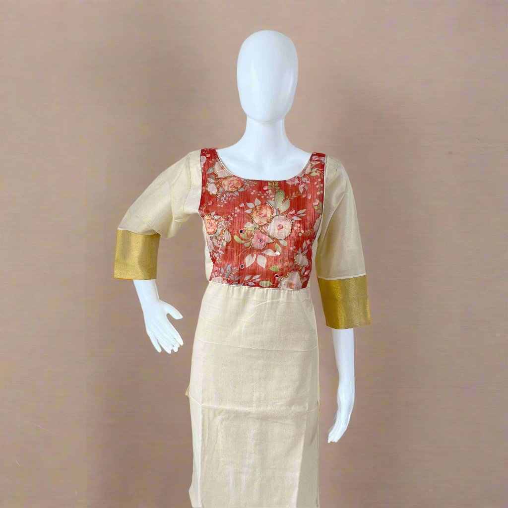 Women's Kerala Traditional Floral Tissue Handwork Kurti with Pant(2 Piece)