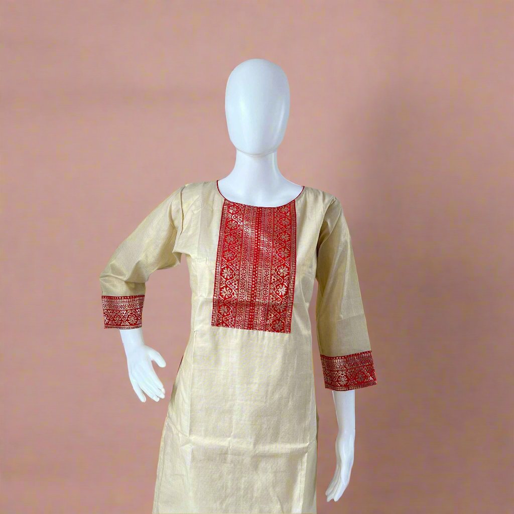 Women's Stylish Kerala Traditional Tissue Kurti with Golden Foil Printed Semi Silk