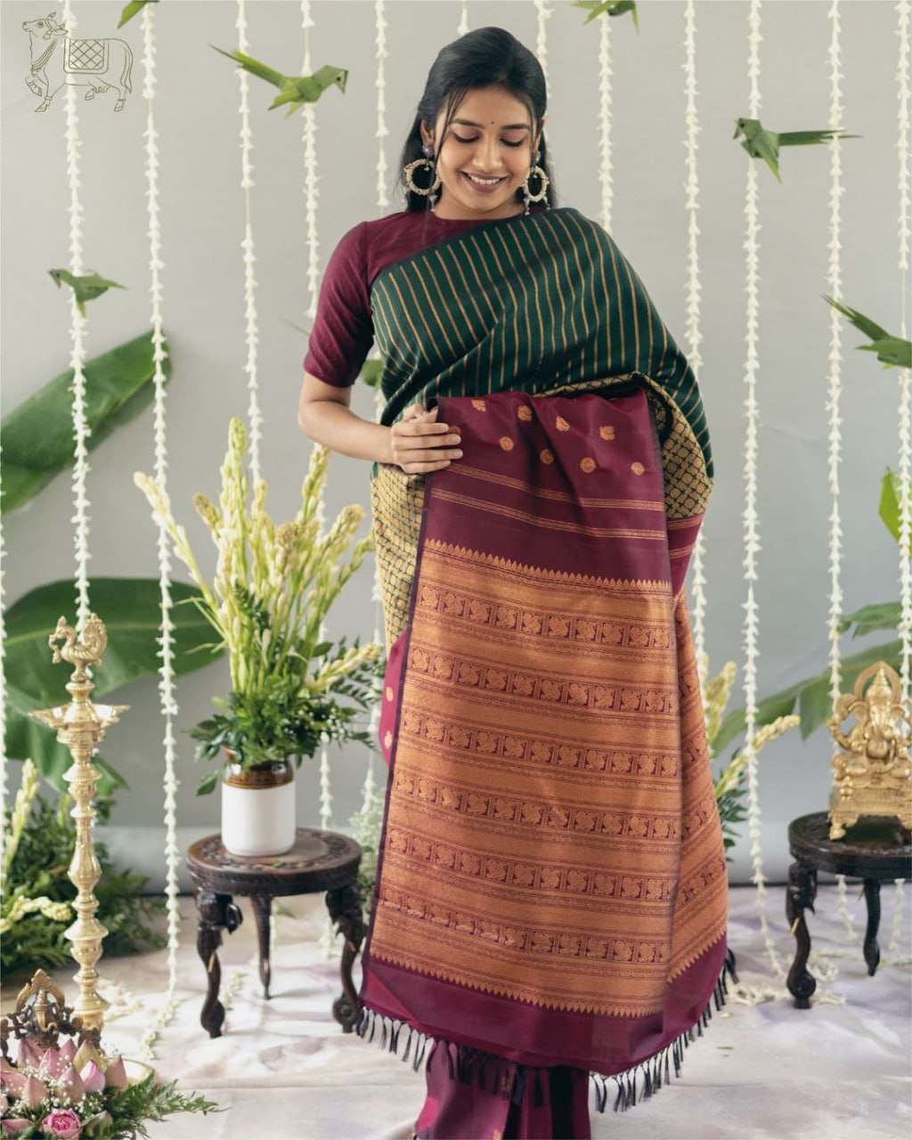Women's Kanjivaram Dark Green & Maroon Pure Zari Woven Soft Silk Saree With Blouse