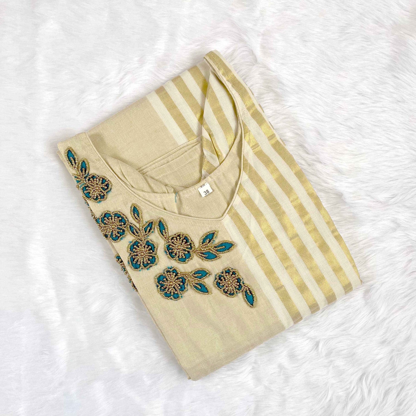 Women's Kerala Traditional Dual Color Handwork Gold Tissue Kurti
