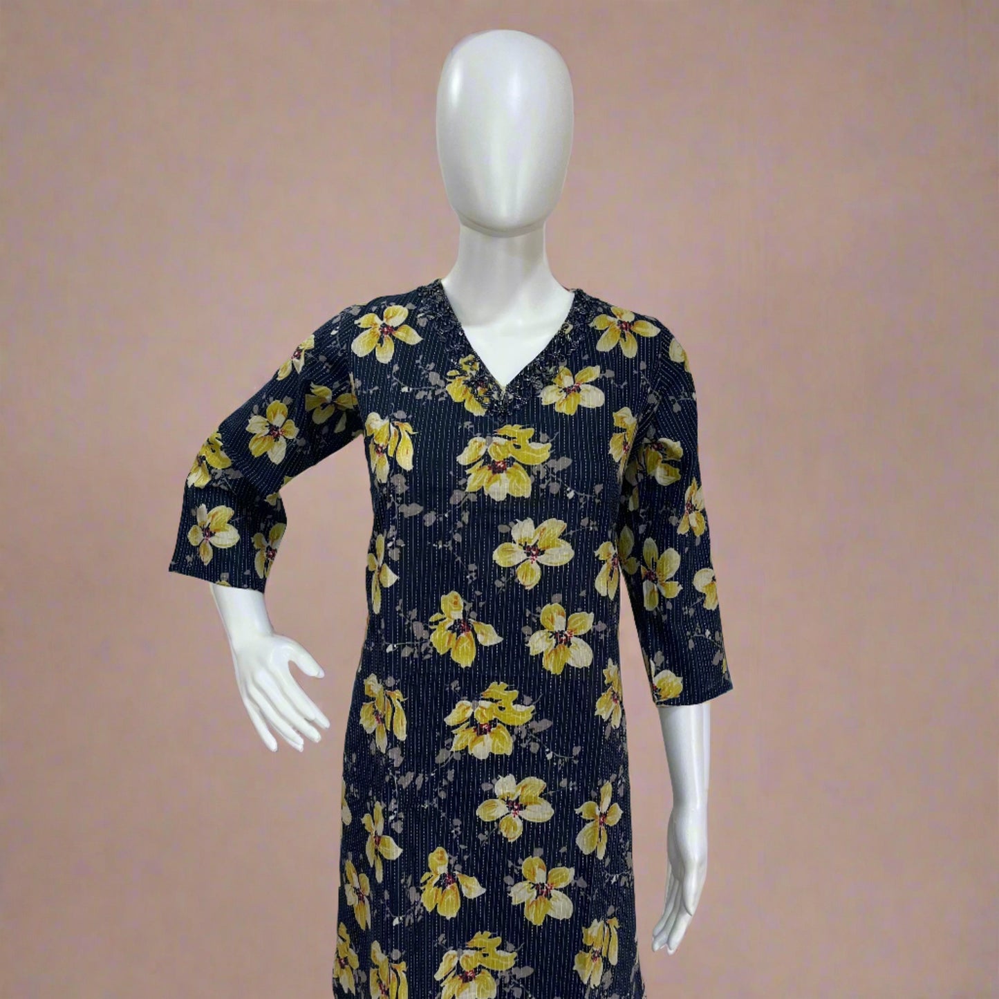 Women's V Neck Floral Handwork Kurti