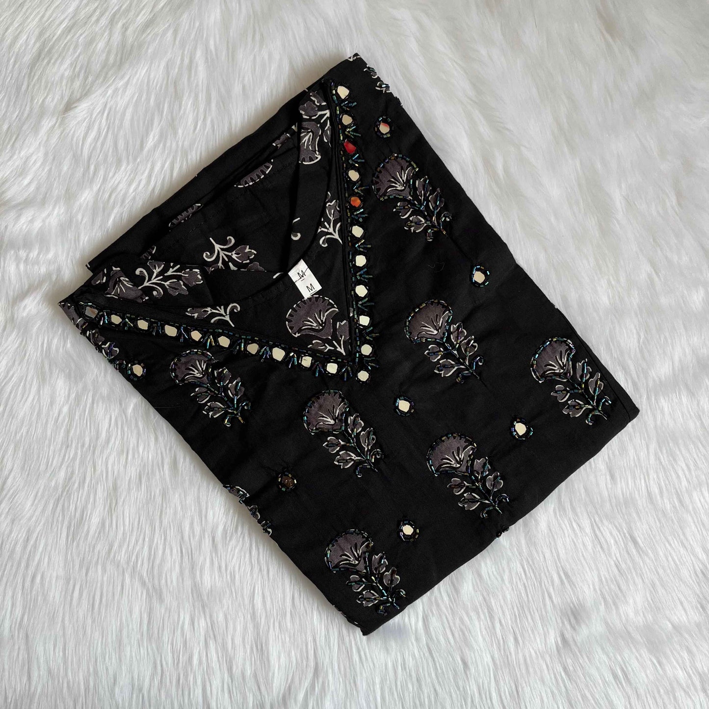 Women's Ajrakh Black Handwork V Neck Kurti