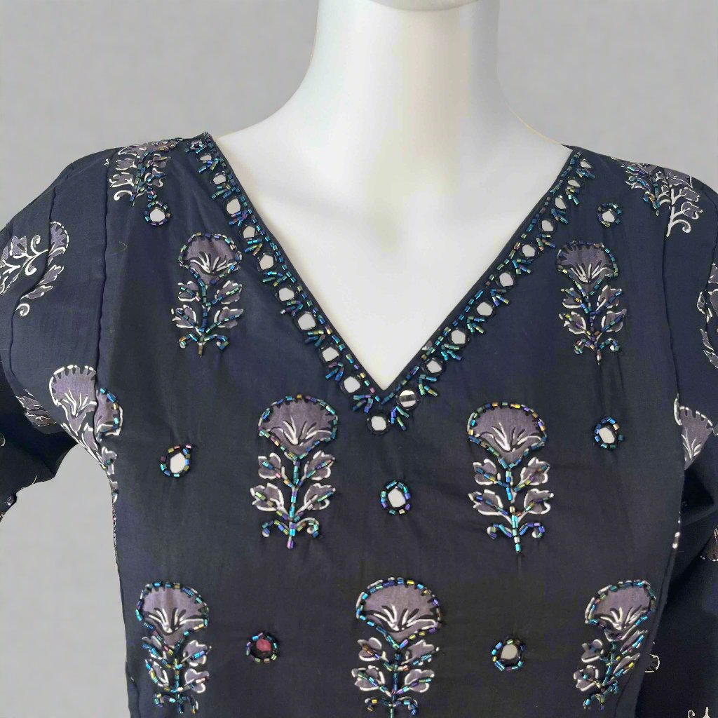 Women's Ajrakh Black Handwork V Neck Kurti