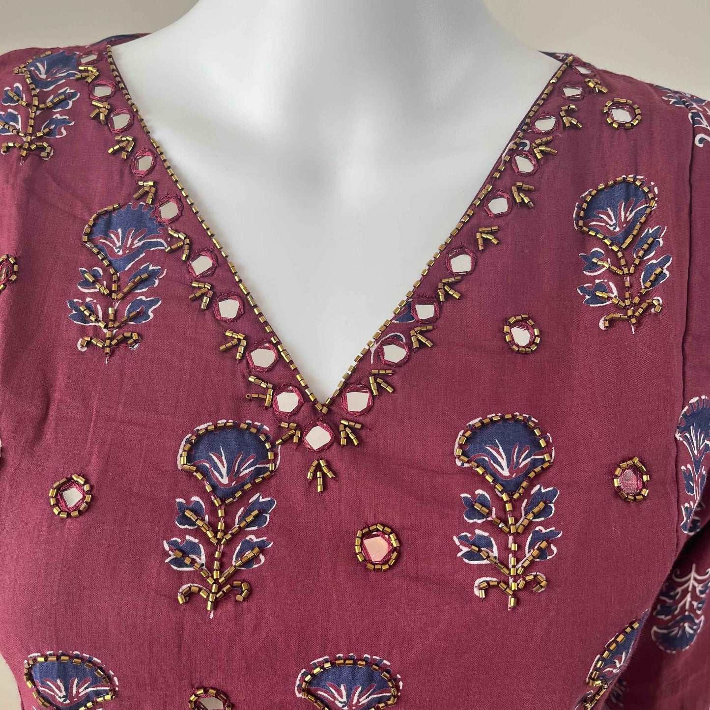 Women's Ajrakh Maroon Handwork V Neck Kurti