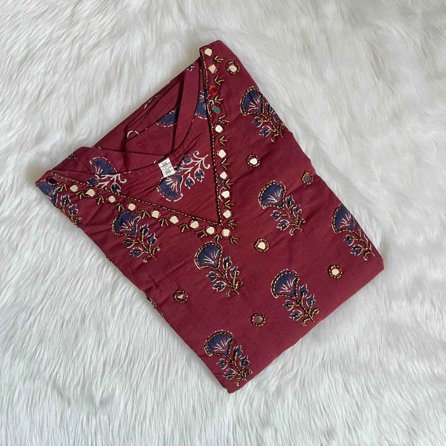 Women's Ajrakh Maroon Handwork V Neck Kurti