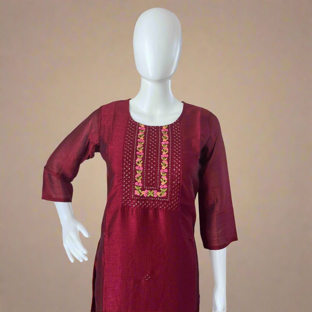 Women's Maroon Vichitra Silk Stitched Kurti with lining