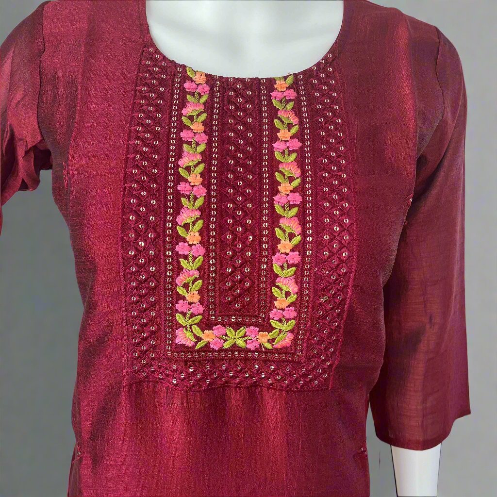 Women's Maroon Vichitra Silk Stitched Kurti with lining