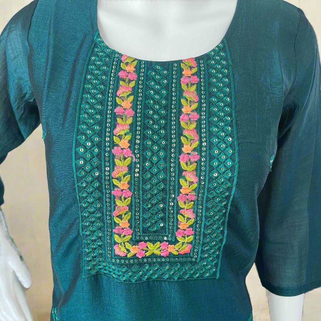 Women's Bottle Green Vichitra Silk Stitched Kurti with lining