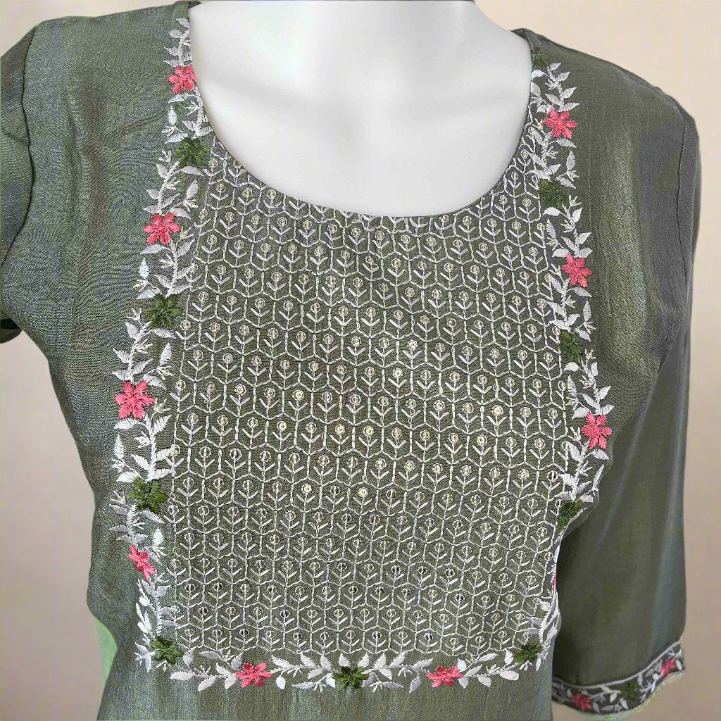 Women's Pastel Green Vichitra Silk Stitched Kurti with lining