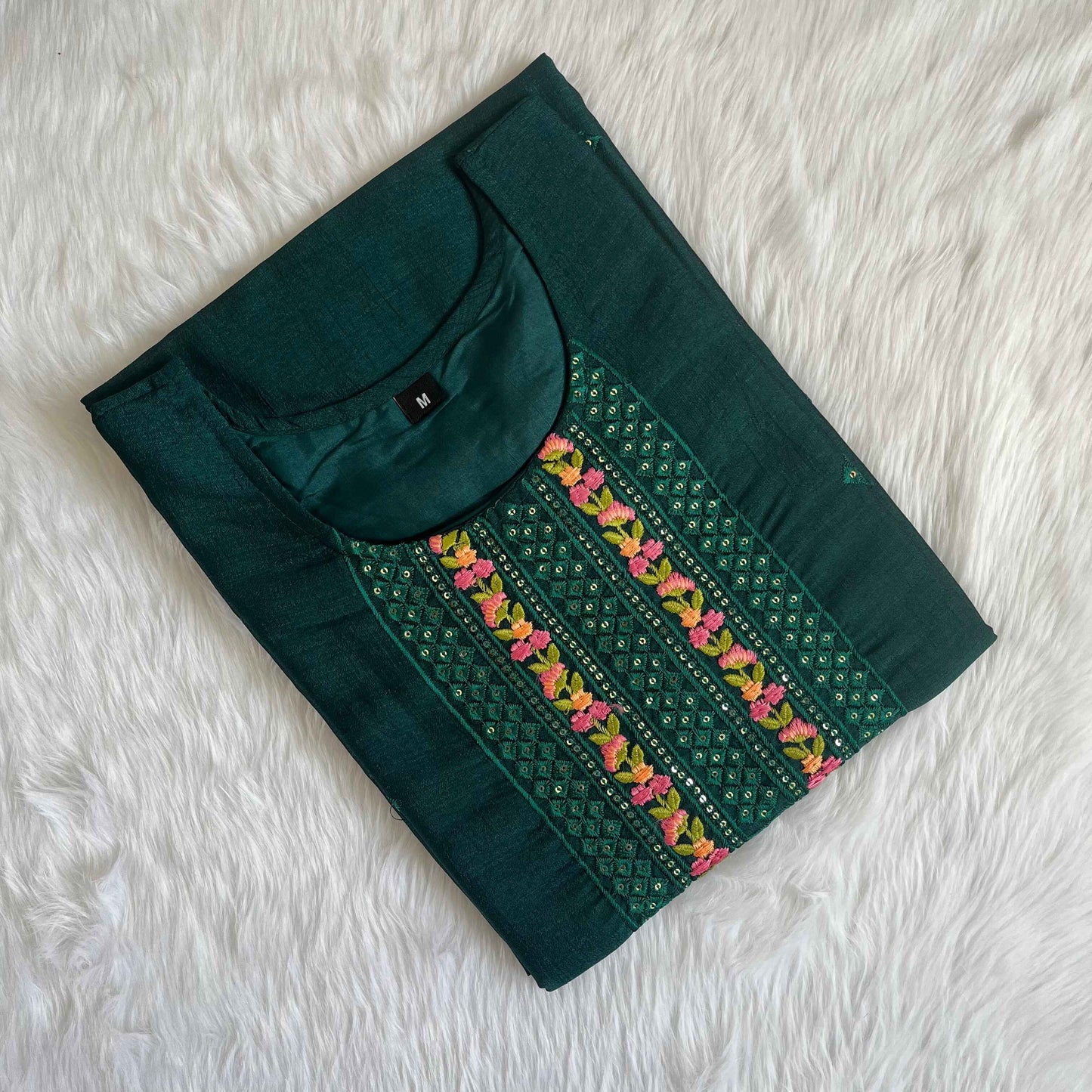 Women's Bottle Green Vichitra Silk Stitched Kurti with lining