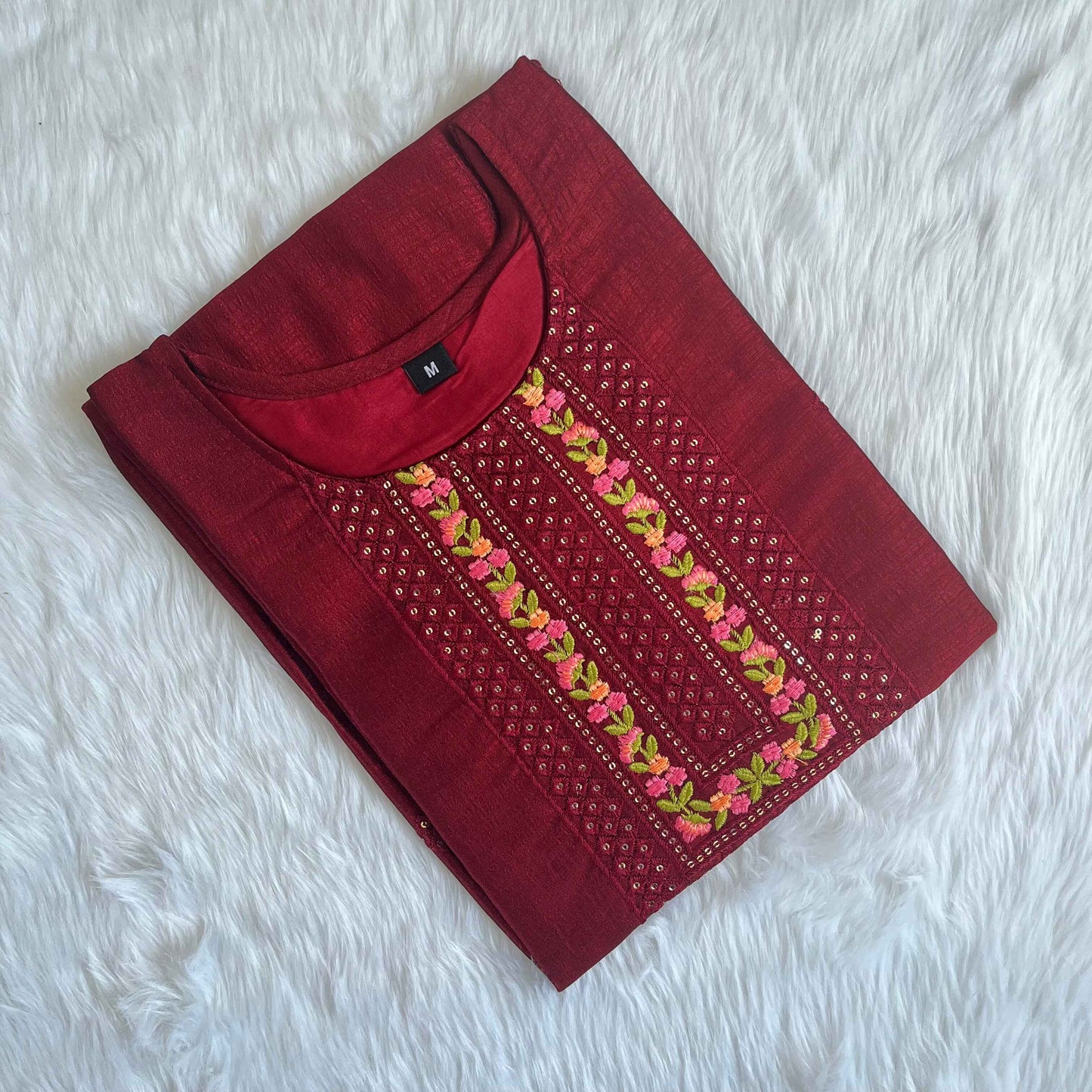 Women's Maroon Vichitra Silk Stitched Kurti with lining